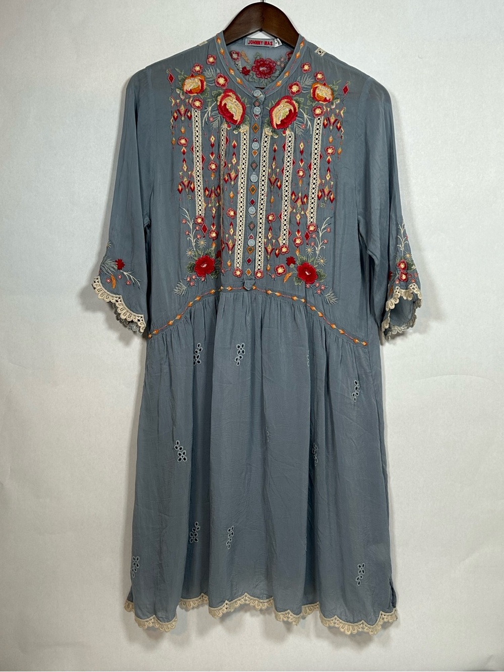 Johnny Was Slate Blue Embroidered Midi Dress with Red and Cream Floral Accents